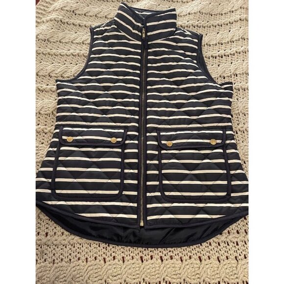 Womens British Khaki Quilted Vest Navy & White Stripes S Sleeveless Zipper Front - Picture 1 of 16